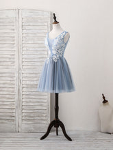 Cute Blue V-Neck Tulle Lace Applique Short Prom Dress for Homecoming